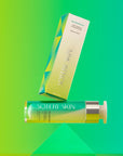 Soteri Skin Balancing Act being balanced behind colorful background air tight bottle and box 